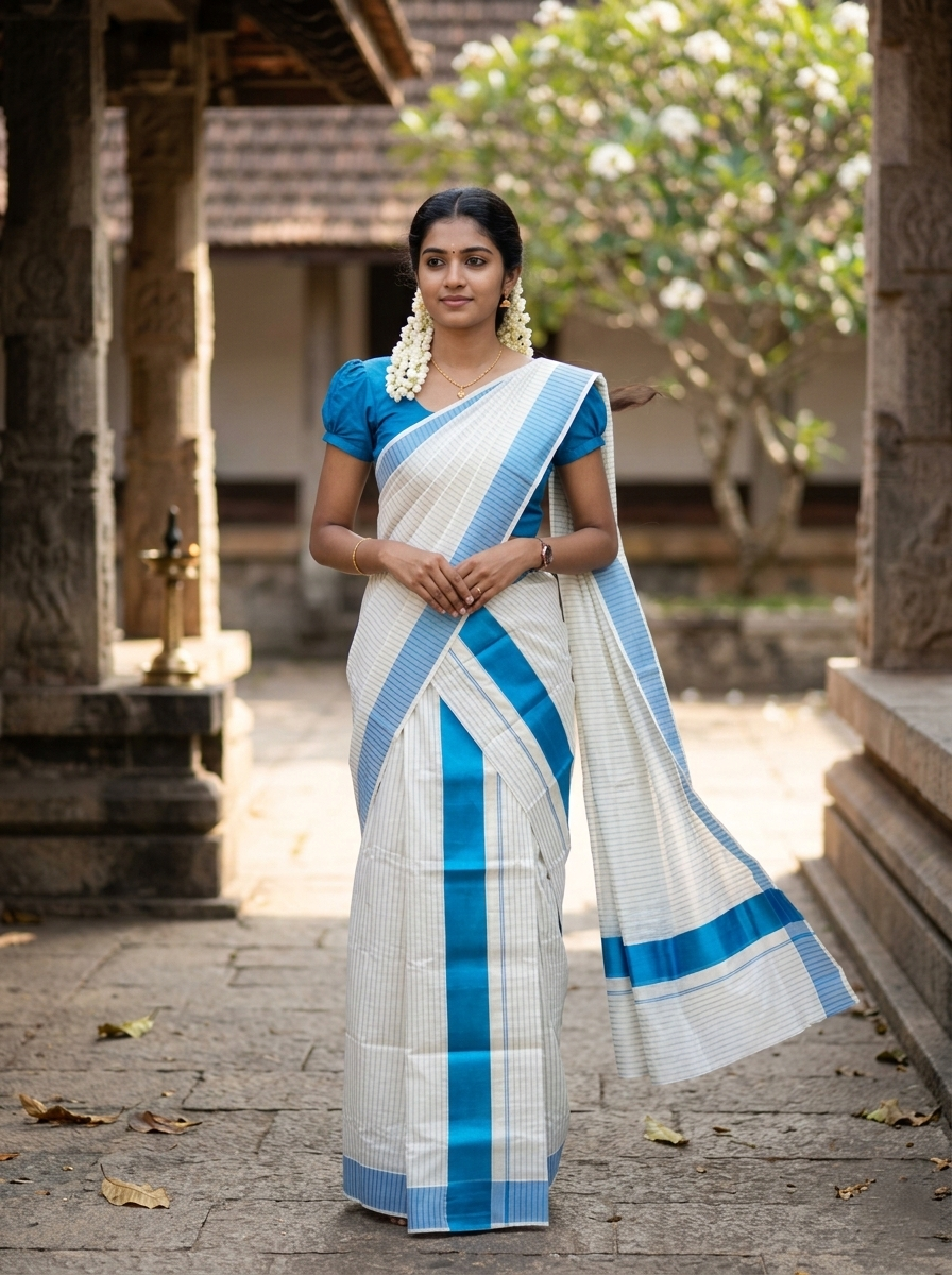Southloom Kerala Cotton Set Mundu  (Mundum Neriyathum) Blue Kasavu Lines Across Body 2.80 Mtrs