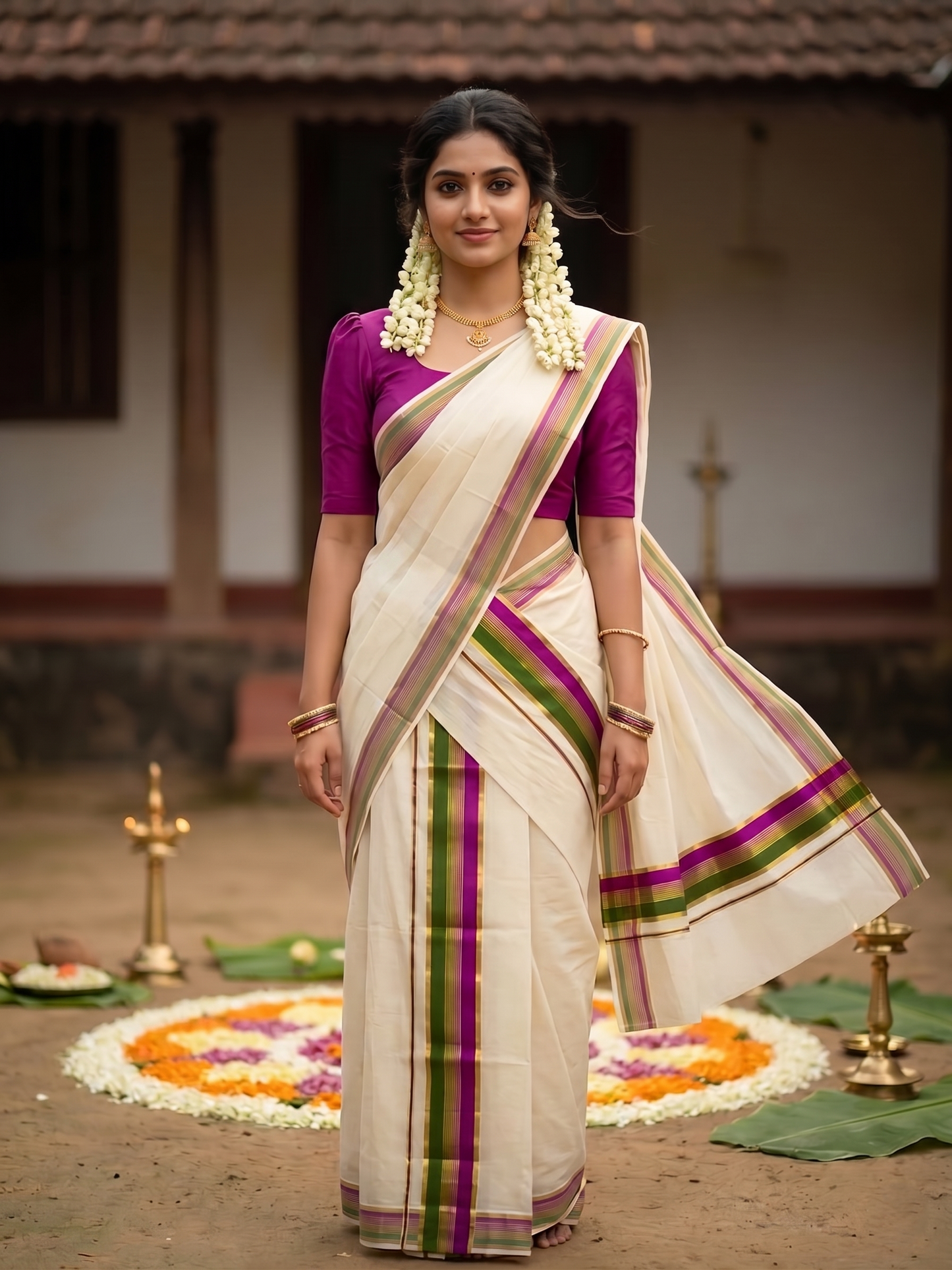 Southloom Kerala Cotton Kasavu Single Set Mundu (Mundum Neriyathum) with Olive Green And Magenta Kasavu Border SLKK