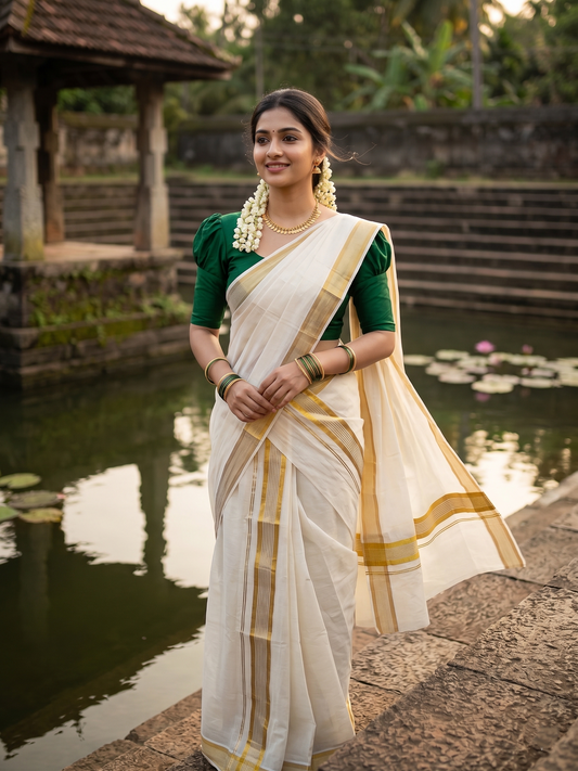 Southloom Pure Cotton Kerala Kasavu Set Mundu (Mundum Neriyathum) Kasavu Border in 2.80 Mtrs SL417