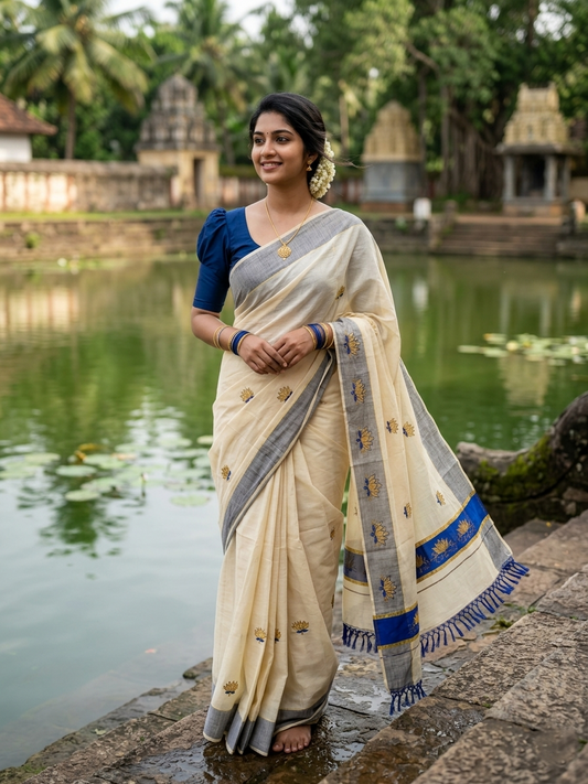 Southloom Kerala Tissue Kasavu Saree with Blue And Golden Lotus Embroidary Works on Body SL273