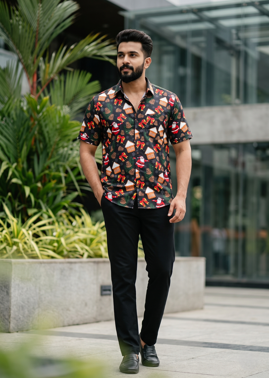 Southloom Ethinic Shirt With Christmas Printed for Men in Black Half Sleeve