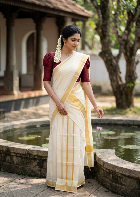 Southloom Pure Cotton Mundum Neriyathum (Set Mundu) with Gold Kasavu Lines Acorss Body in 2.80 Mtrs SL391