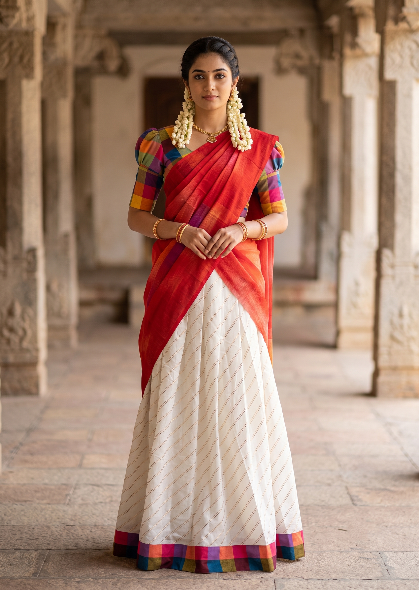 Southloom Semi Stitched Madras Check Dhavani Set with Pavada and Blouse Piece SL556