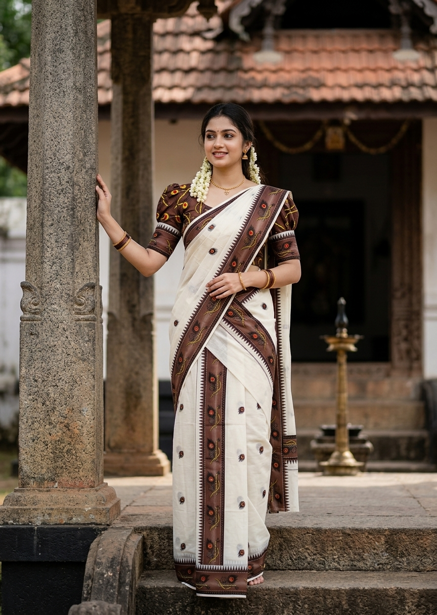 Southloom Kerala Pure Cotton  Set Mundu (Mundum Neriyathum) with Brown Block Prints on Border-2.80Mtrs SL621