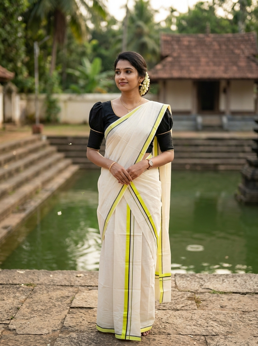 Southloom Pure Cotton Kerala Single Set Mundu (Mundum Neriyathum) Green & Black Border