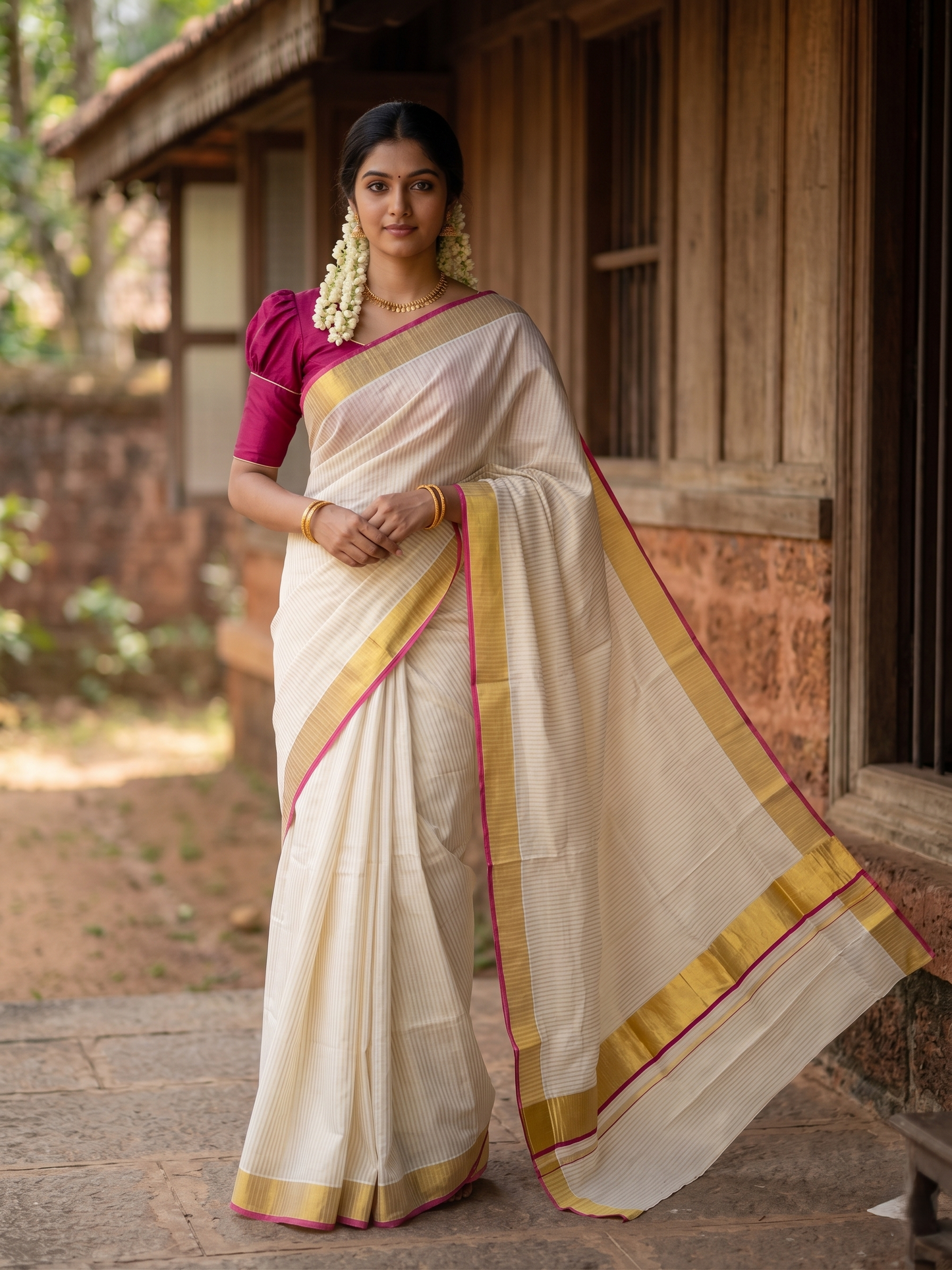 Southloom Kerala Cotton Kasavu Saree with Stripes on Body In Dark Pink Border SL351