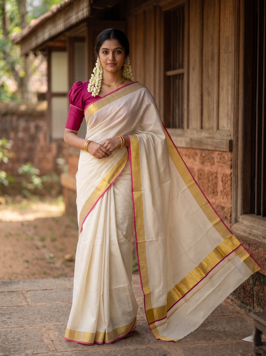 Southloom Kerala Cotton Kasavu Saree with Stripes on Body In Dark Pink Border SL351