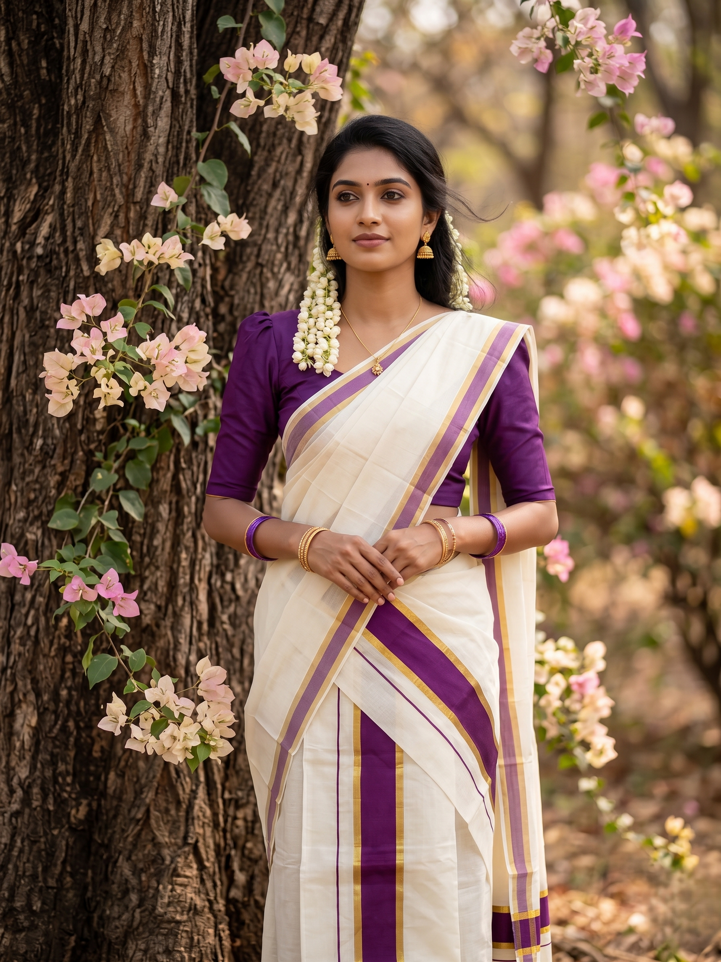 Southloom Kerala Cotton Single Set Mundu (Mundum Neriyathum) with Kasavu and purple Border 2.80Mtrs