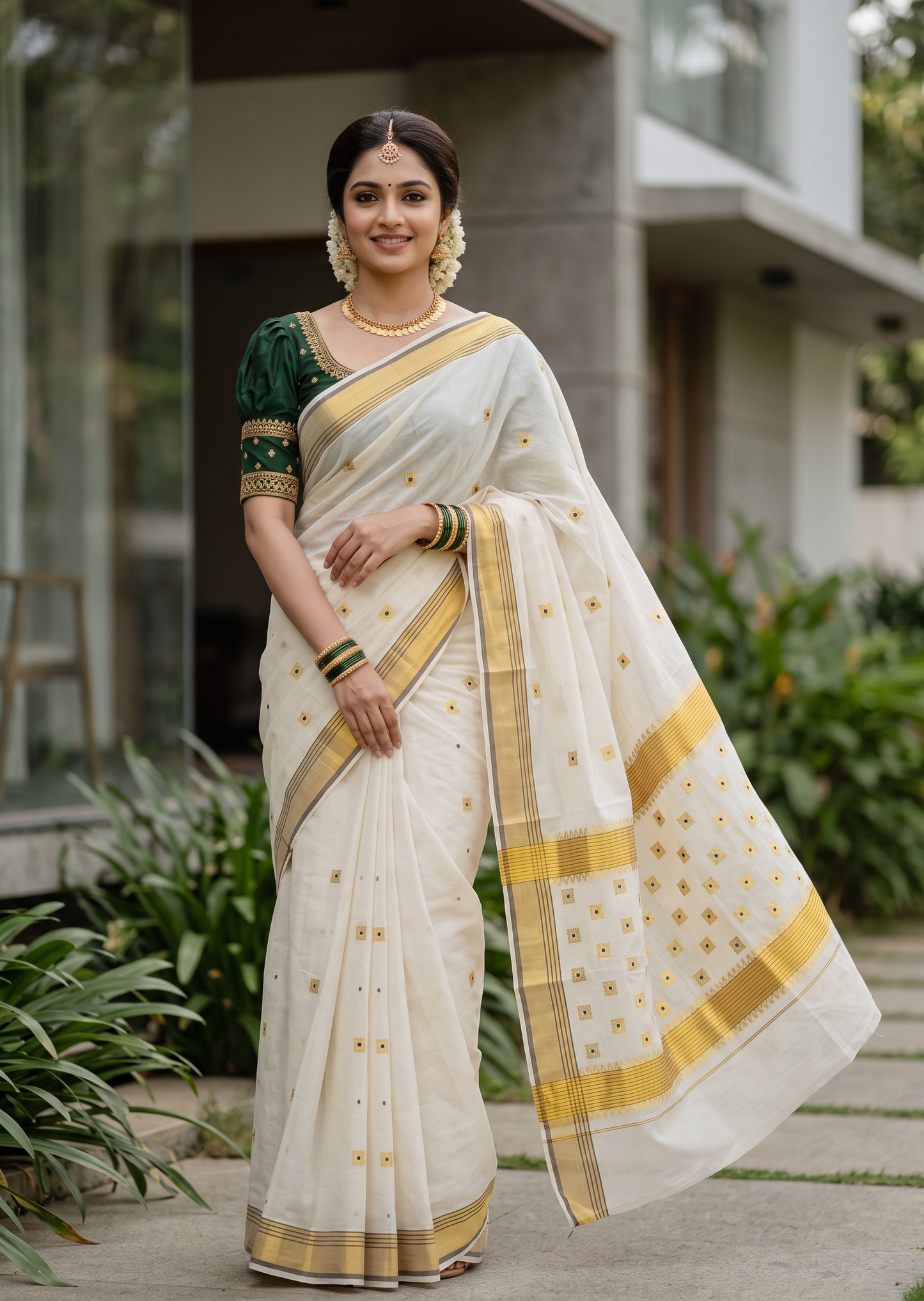 Southloom Super Premium Balaramapuram Handloom Cotton Saree With Green&Purple Butta Works on Body And Green &Purple Lines Borders