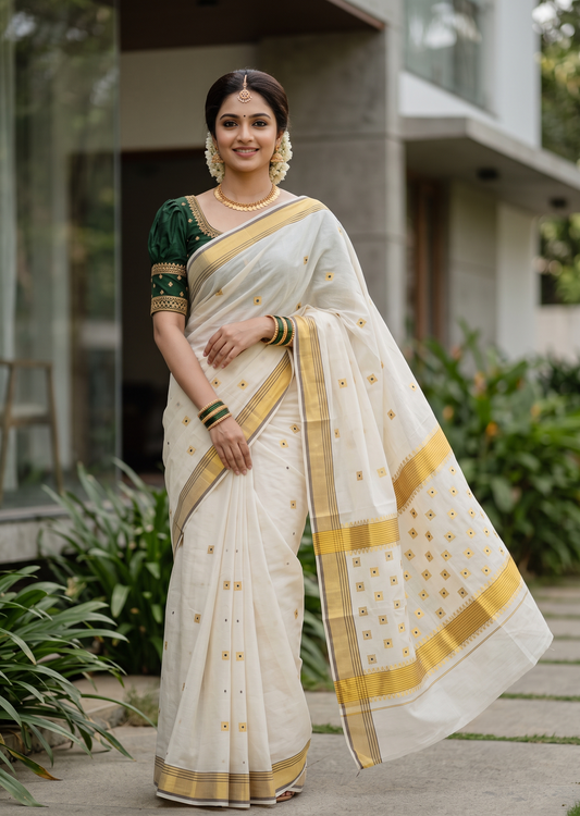 Southloom Super Premium Balaramapuram Handloom Cotton Saree With Green&Purple Butta Works on Body And Green &Purple Lines Borders