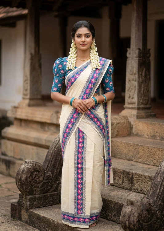 Southloom Pure Cotton Kerala Single Set Mundu (Mundum Neriyathum) with Lotus Digital Prints in Blue2.80 Mtrs SL549