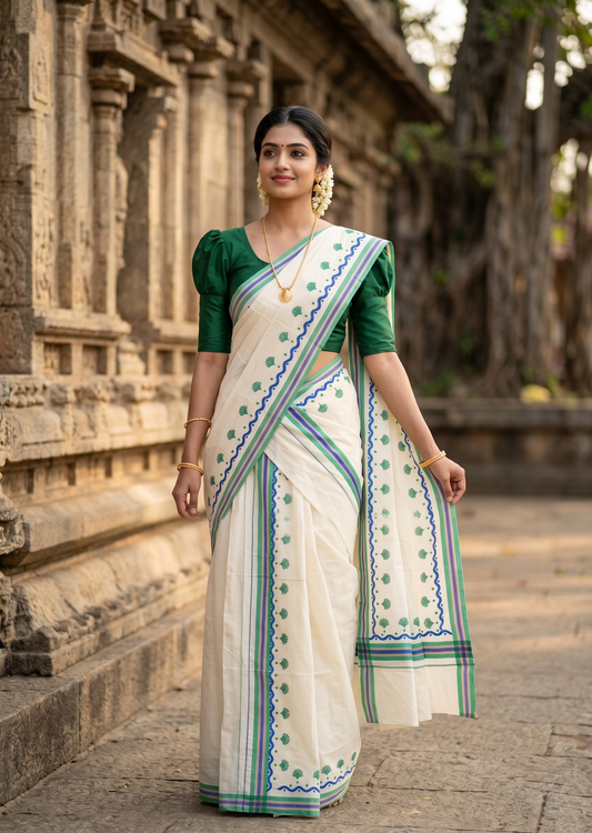Southloom Kerala Mulloth Cotton Single Mundum Neriyathum with Digital Prints in Green 2.75 Mtrs SL372