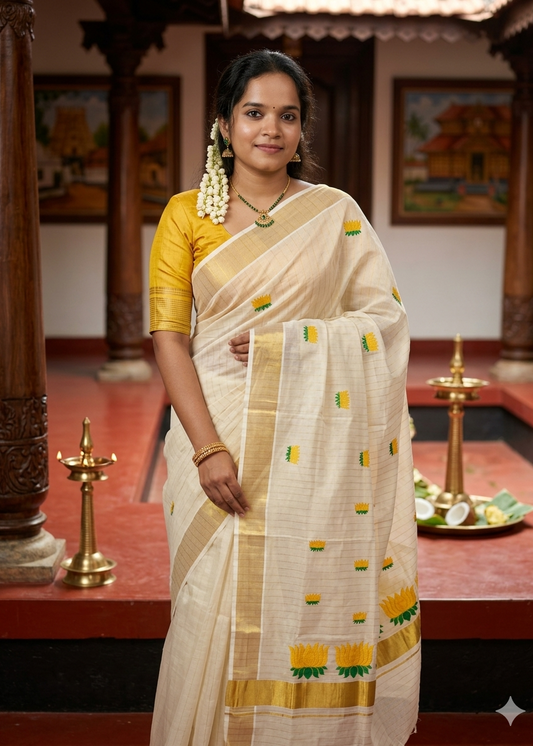 Yellow Lotus Lines Tissue Kerala Saree SL268