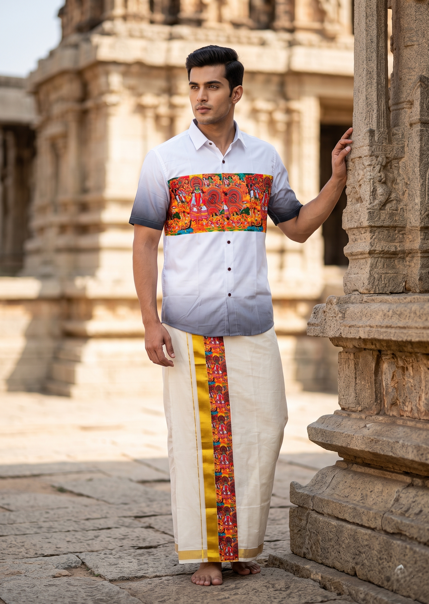 Southloom Cotton Theyyam & Kadhakali Mural Printed Men's Combo In Grey (Shirt + Mundu) SLCOMBO