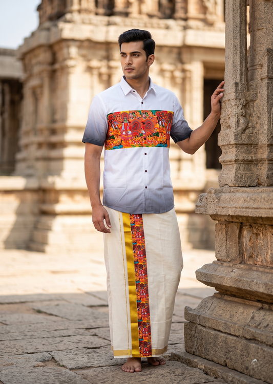 Southloom Cotton Theyyam & Kadhakali Mural Printed Men's Combo In Grey (Shirt + Mundu)