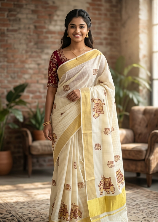 Kerala Cotton Kasavu Saree With Maroon Elephant Embroidery Work SL171