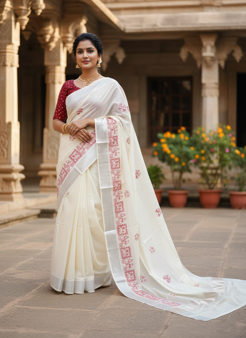 Kerala Cotton Silver Kasavu Saree With Mural Festival Parasol Stripes and Red Elephant Design And Embroidery Work
