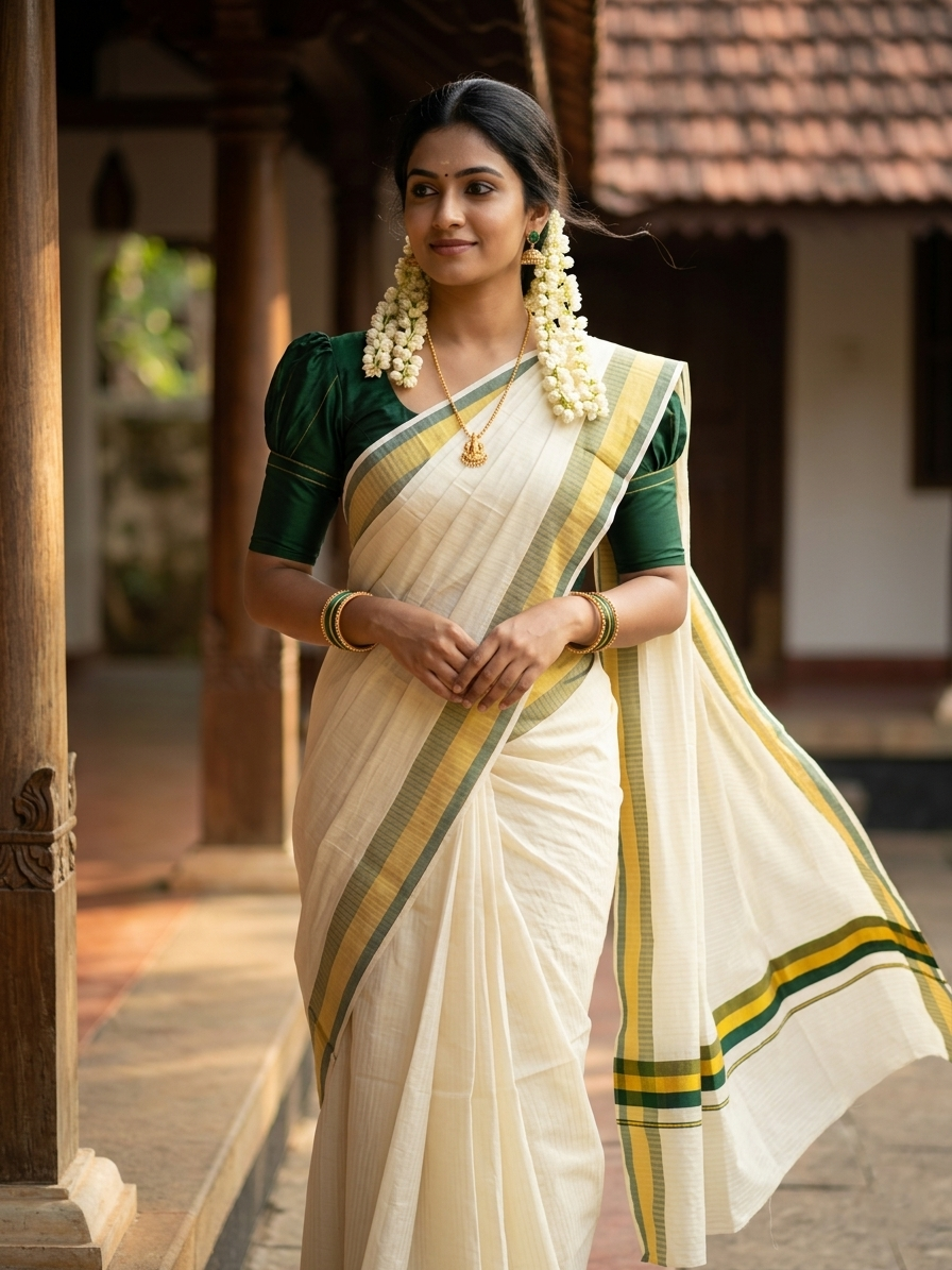 Pure Cotton Kerala Kasavu Lines Design Saree with Dark Green Border