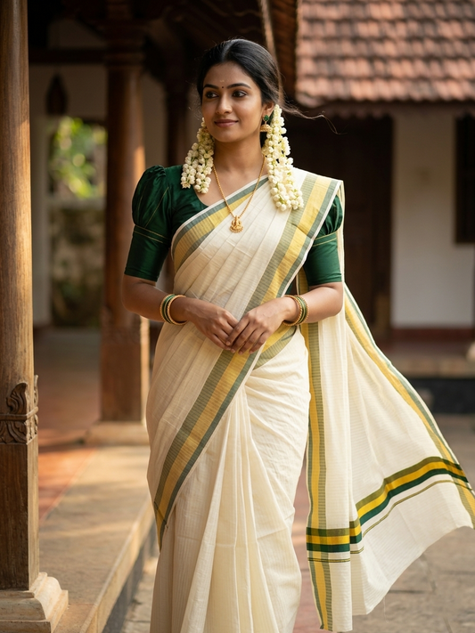 Pure Cotton Kerala Kasavu Lines Design Saree with Dark Green Border