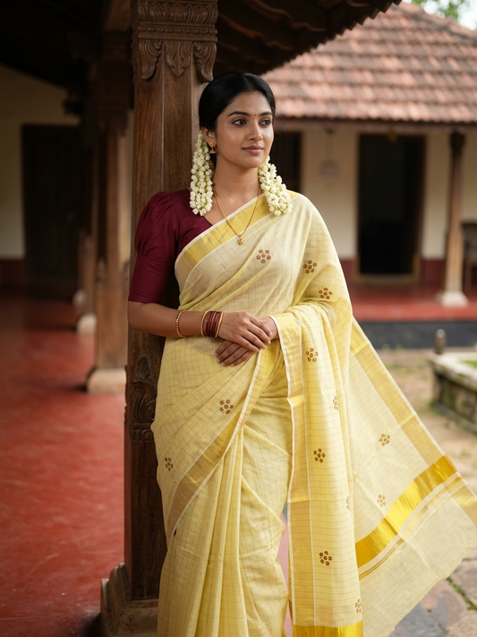 Kerala Tissue Kasavu Stripes Saree with Meroon Floral Embroidery Design on Body