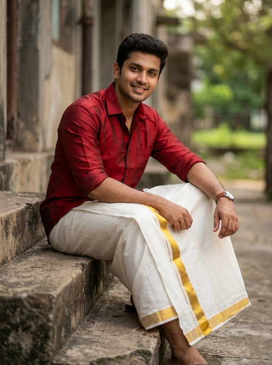 Southloom Kerala Pure Cotton Double Mundu with Gold Kasavu and Border (South Indian Dhoti)