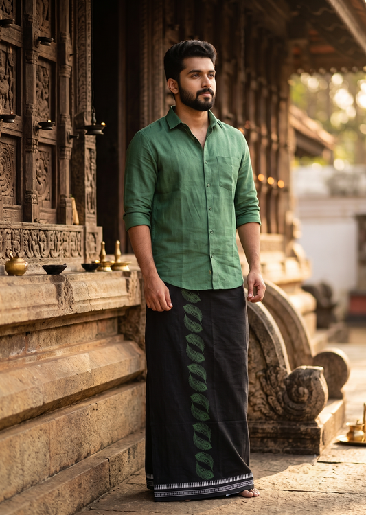Southloom Black Printed Single Mundu / Otta Mundu / Lungi (South Indian Kerala Dhoti)