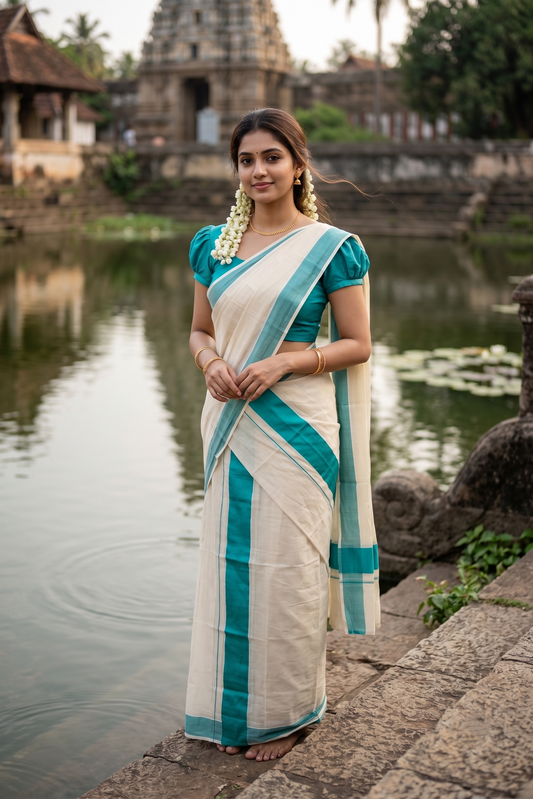 Kerala Cotton Mundum Neriyathum Single (Set Mundu) with Turquoise Border 2.80 Mtrs