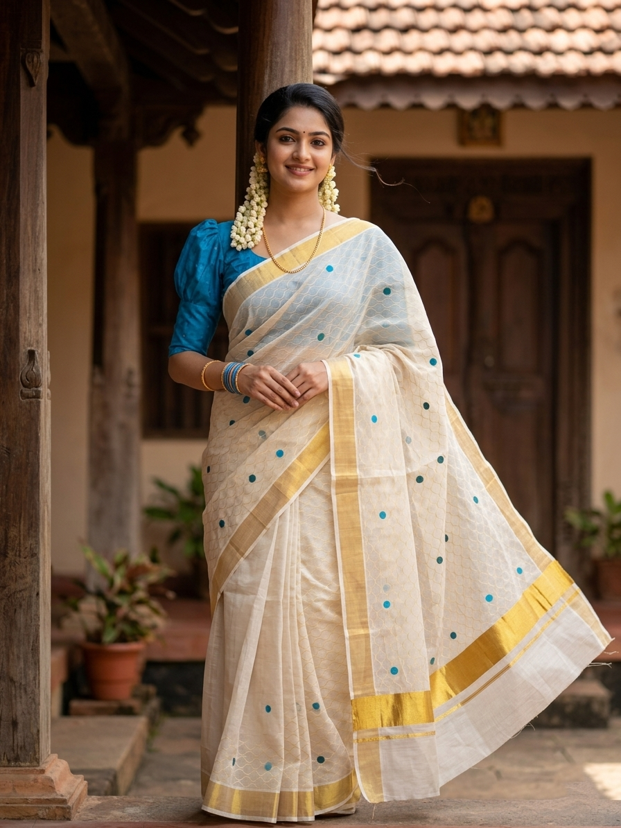 Kerala Tissue Kasavu Saree with Blue and Green Polka with Embroidery Works