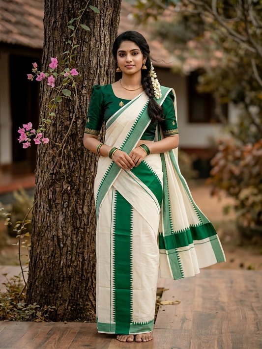 Kerala Pure Cotton Set Mundu Single (Mundum Neriyathum) with Dark Green Temple Border  2.80Mtrs