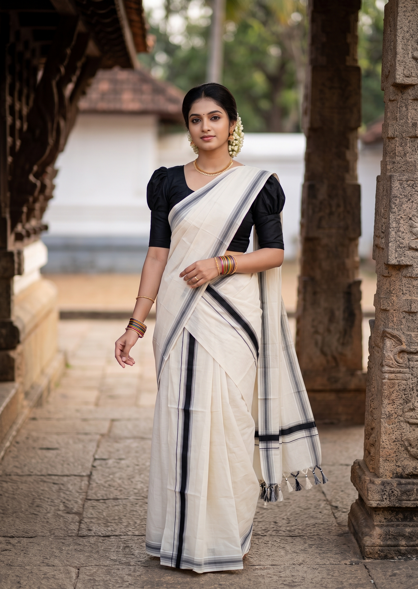 Southloom Kerala Cotton Mundum Neriyathum Single (Set Mundu) with Silver Kasavu and Black Border 2.80 Mtrs SLKK SL525