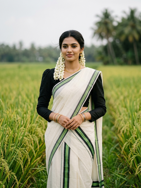 Southloom Pure Cotton Kerala Single Mulloth Set Mundu (Mundum Neriyathum) Green Border in 2.50 mtrs SL243