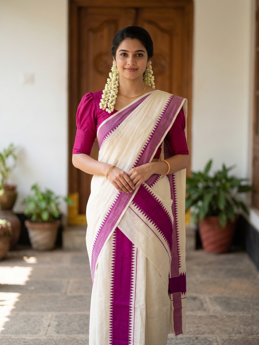 Southloom Kerala Pure Cotton Set Mundu Single (Mundum Neriyathum) with Magenta Temple Border 2.80 Mtrs SL500