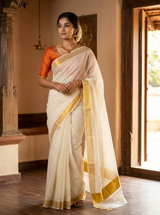 Southloom Pure Cotton Kerala Saree with 1.5 inch Gold Kasavu Border