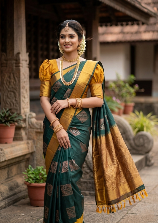 Southloom Pure Handloom Kanchipuram Silk Saree with Butta Work (Green & Yellow)