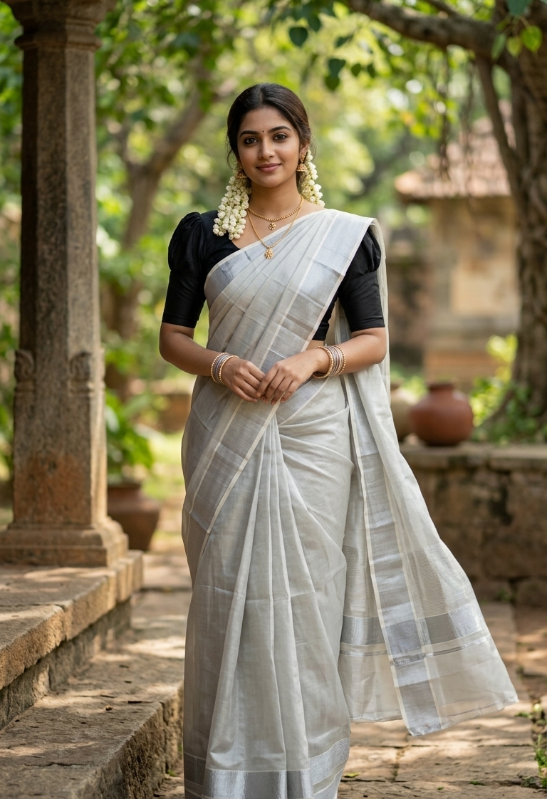 Southloom Kerala Tissue Silver Kasavu Saree