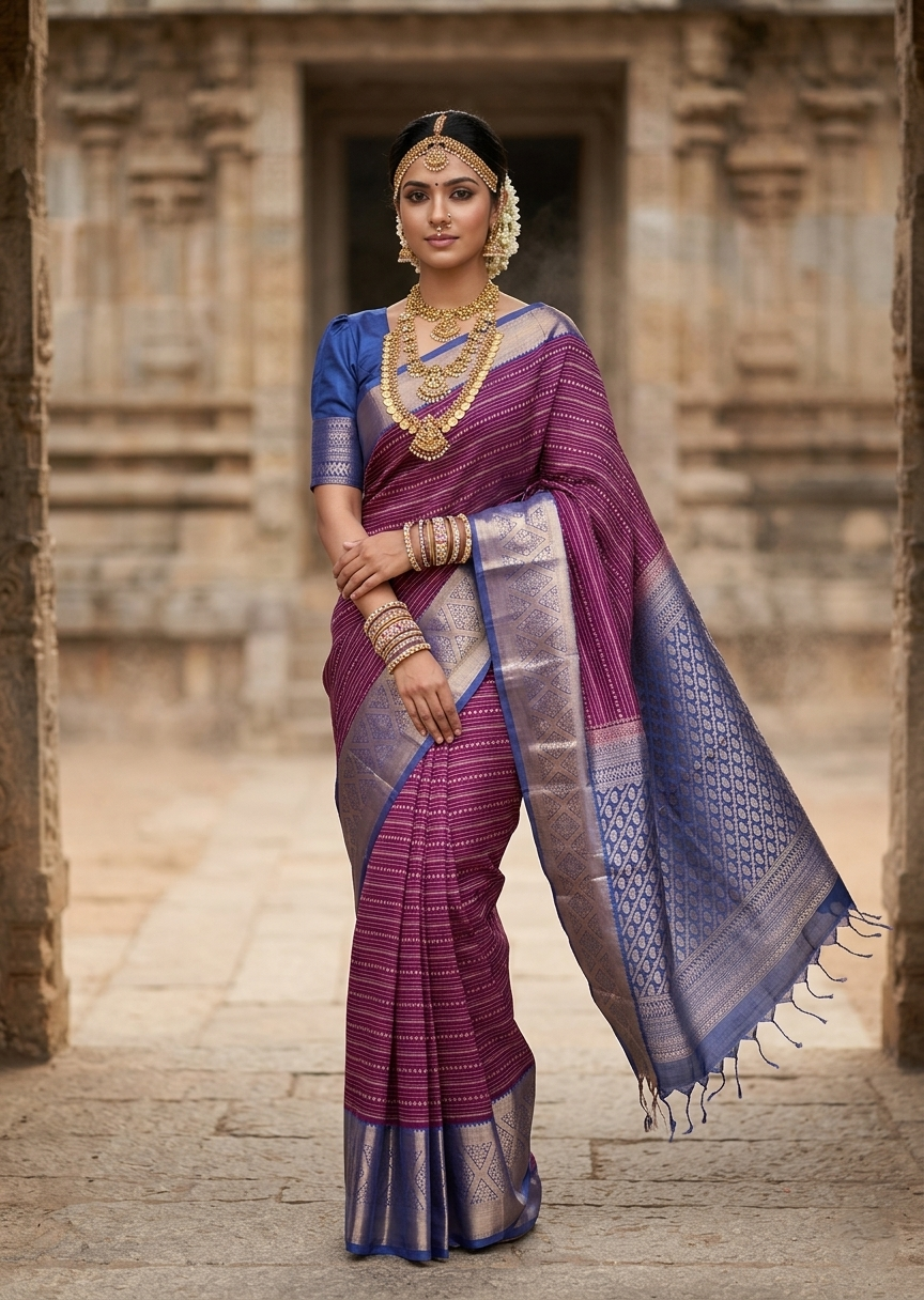 Southloom Pure Handloom Bridal Kanchipuram Silk Saree with Korvai Zari Work (Purple & Blue)
