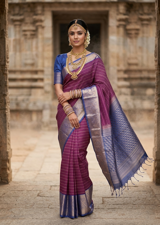 Southloom Pure Handloom Bridal Kanchipuram Silk Saree with Korvai Zari Work (Purple & Blue)