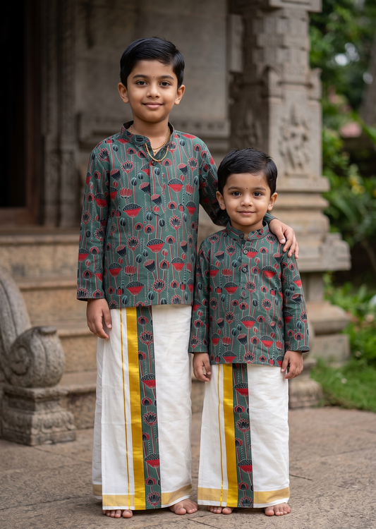 Southloom Cotton Ajrakh Printed Kids's Combo (Shirt + Velcro Mundu) SLKCOMBO SL605
