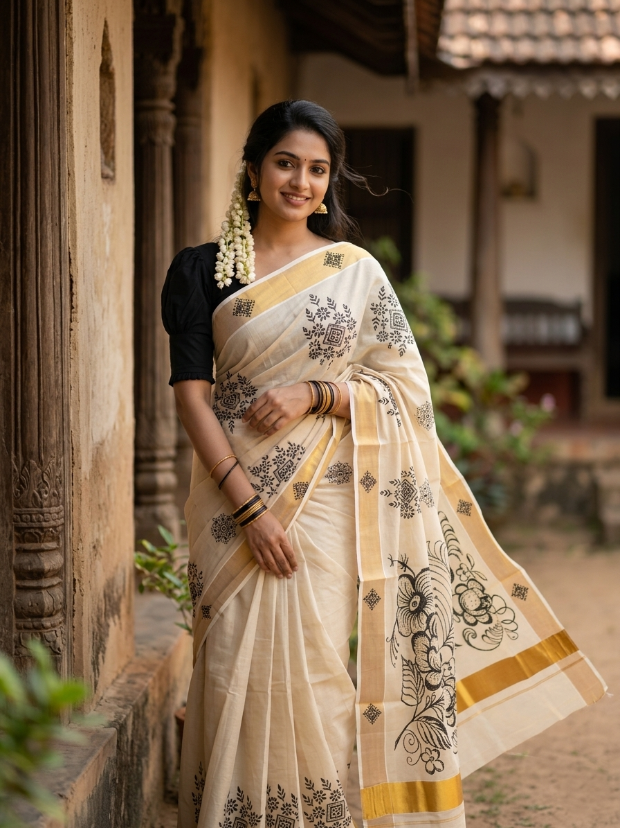 Kerala Tissue Kasavu Saree with Black Floral Block Printed Designs