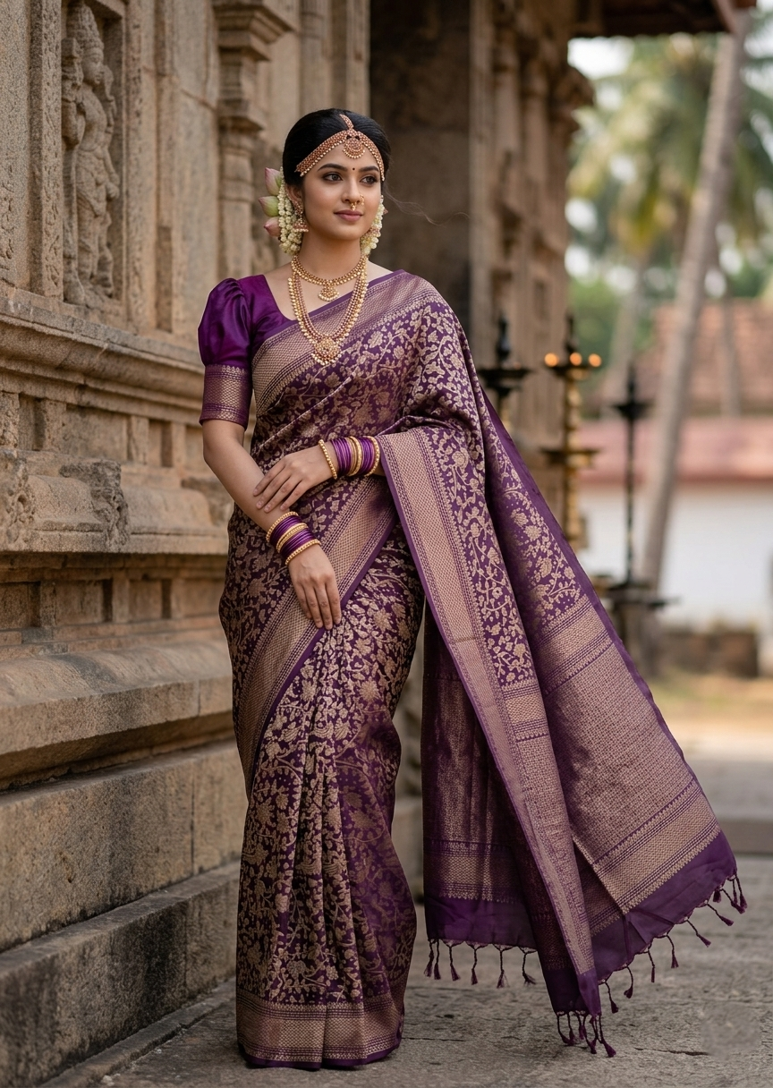 Southloom Pure Handloom Bridal Kanchipuram Silk Saree with Korvai Work(Purple)