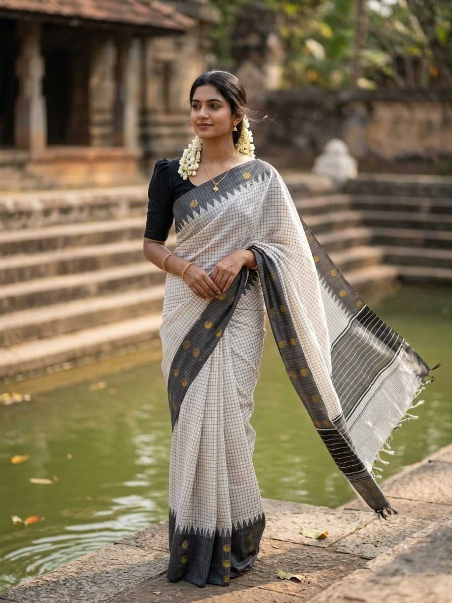 Southloom Pure Cotton Black & Silver Kasavu Saree with Check Design & Temple Border with Woven Golden Work SL286