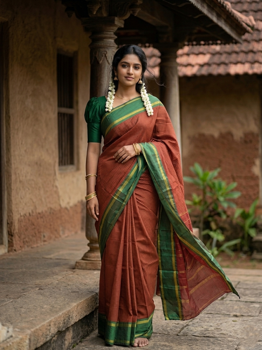 Southloom Semi Silk Saree With Micro Check on Body Maroon And Green