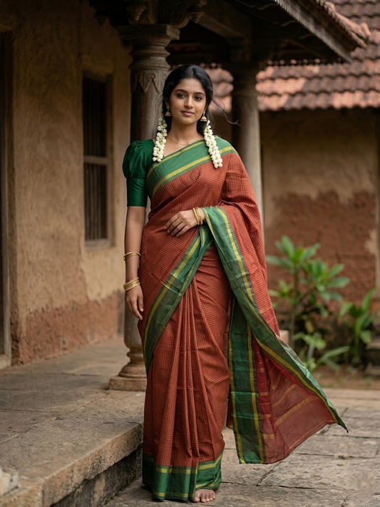 Southloom Semi Silk Saree With Micro Check on Body Maroon And Green