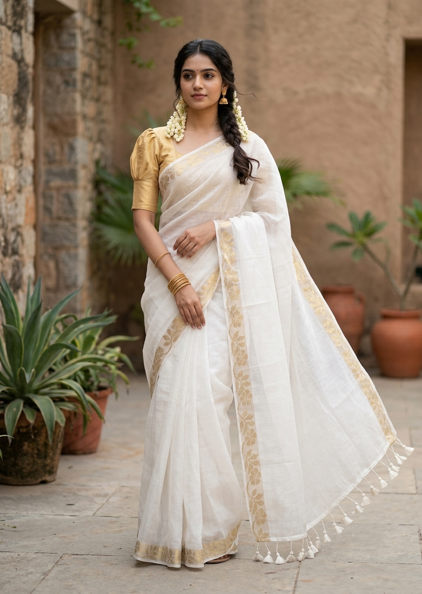 Southloom Mul Cotton 120 x 120 Soft Fabric Saree with Golden Floral in Border SL215