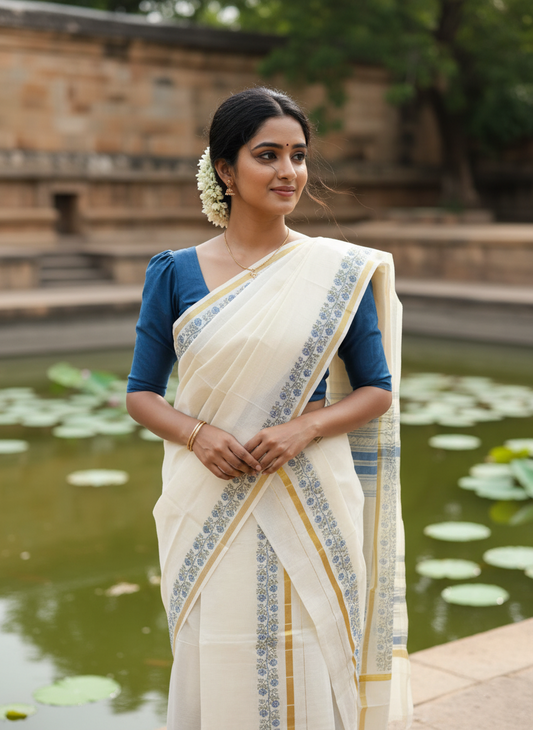 Southloom Pure Cotton Kerala Single Floral Print Set Mundu (Mundum Neriyathum) Blue and Green Border in 2.80 mtrs