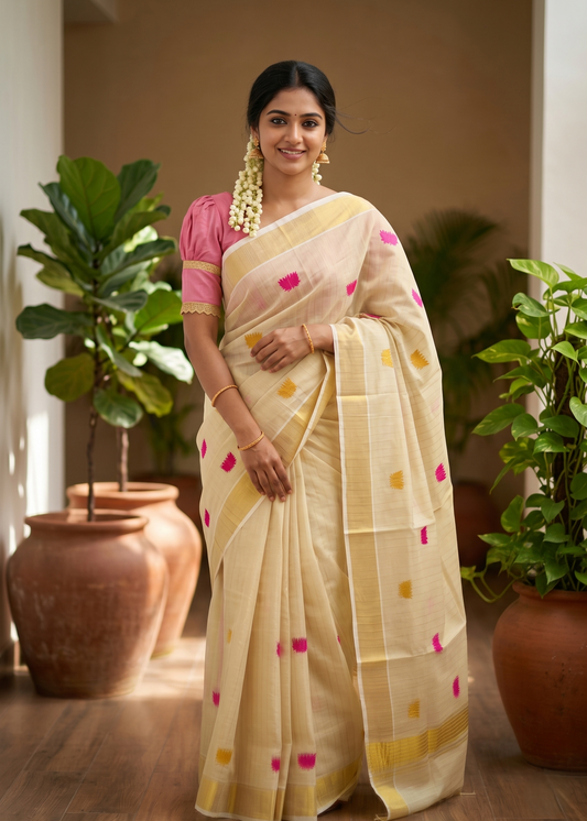 Southloom Kerala Tissue Kasavu Saree with Pink& Gold Lotus Embroidery Works