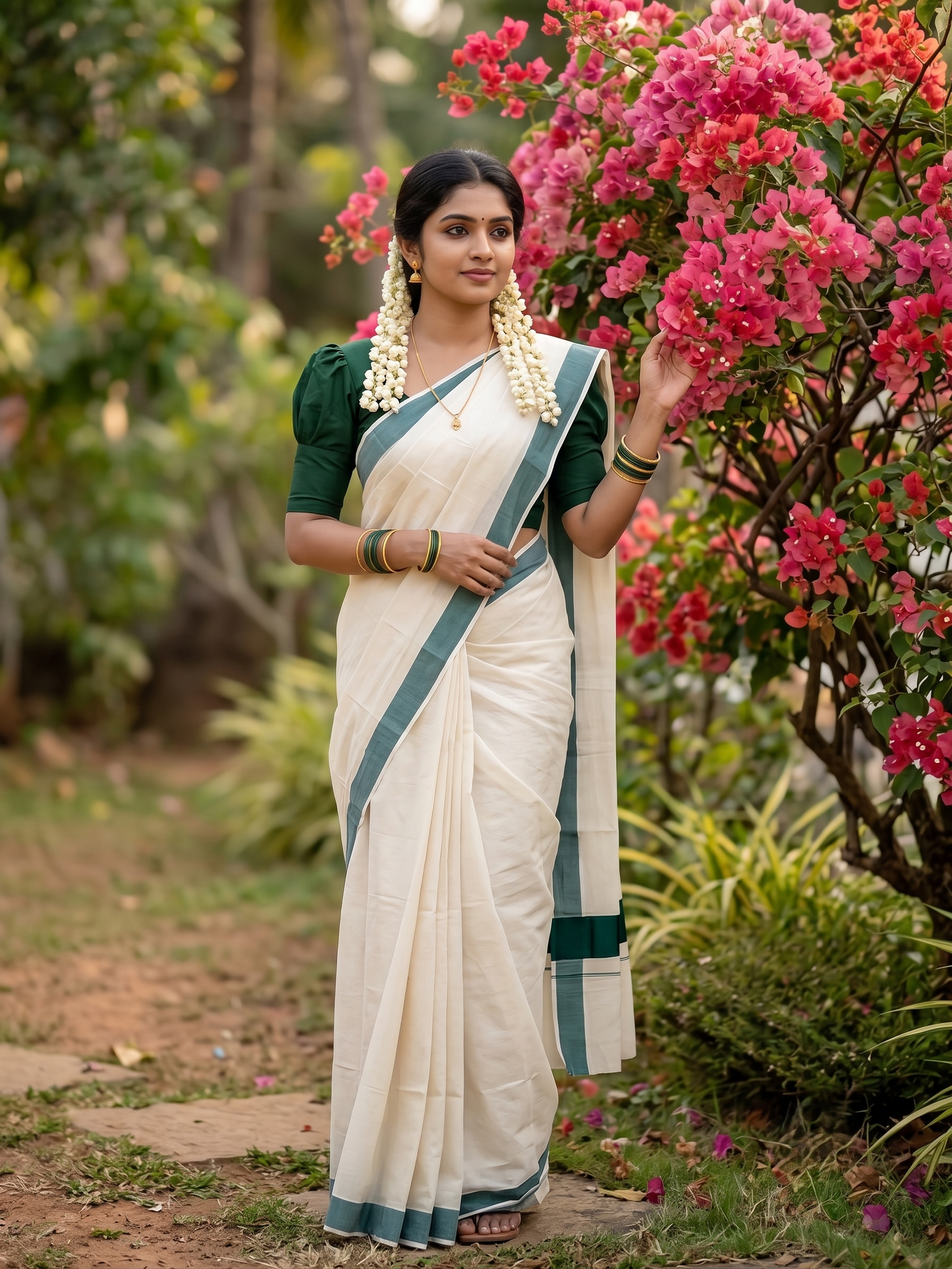 Southloom Kerala Pure Cotton Plain Kasavu Saree with Dark Green Border 3 inch