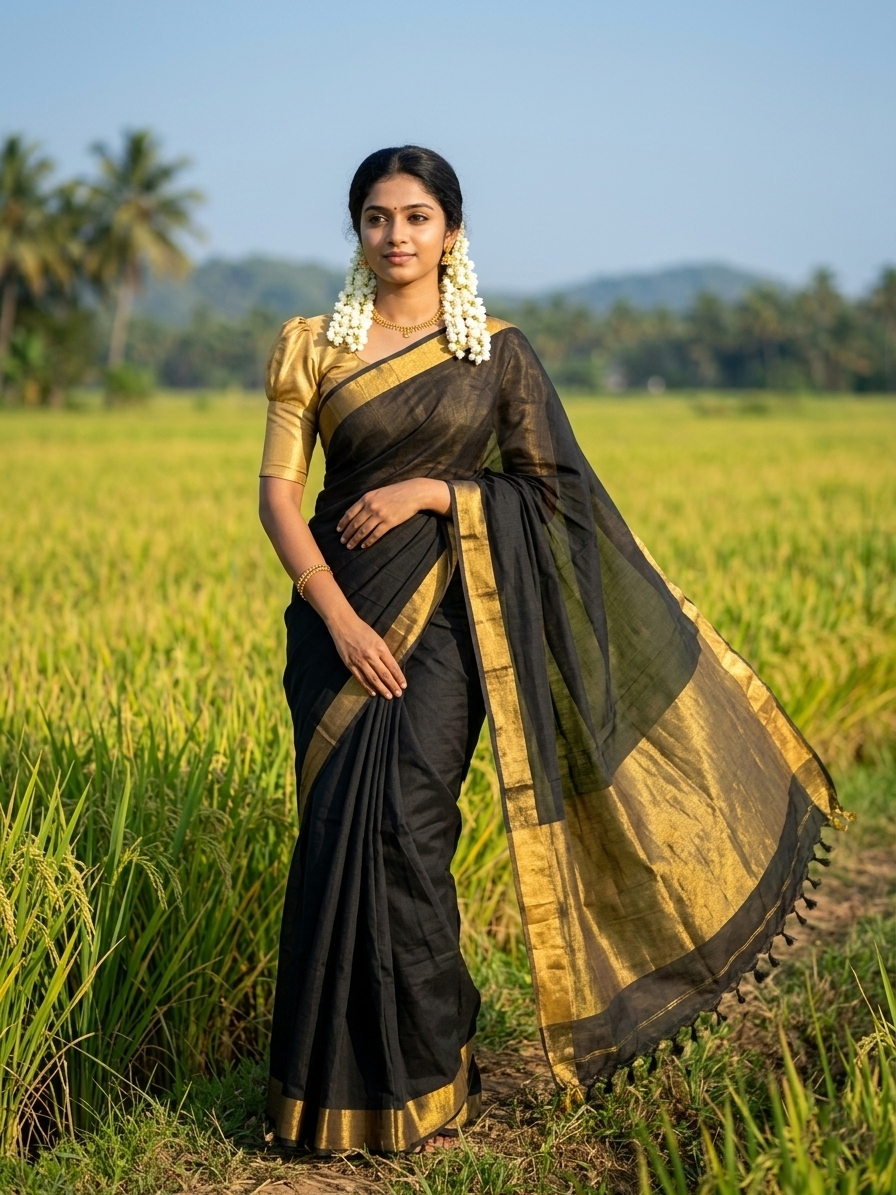 Southloom Mul Cotton 120 x 120 Soft Fabric Saree in Black Colour