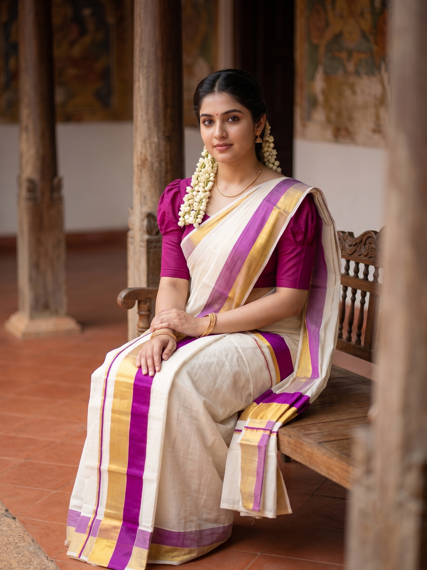 Kerala Cotton Set Mundu (Mundum Neriyathum) with Magenta and Kasavu Border 2.80 Mtrs SLKK SL504