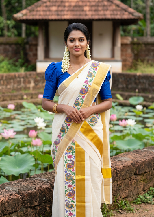 Southloom Pure Cotton Set Mundu with Gold Kasavu and Floral Digital Print in Blue 2.80 Mtrs SL383